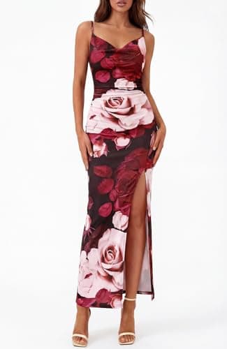 BTFBM Summer Dresses for Women 2026 Bodycon Spaghetti Strap Floral High Split Maxi Cocktail Wedding Guest Dress(Floral Black Apricot,X-Small) - Thumbnail 6
