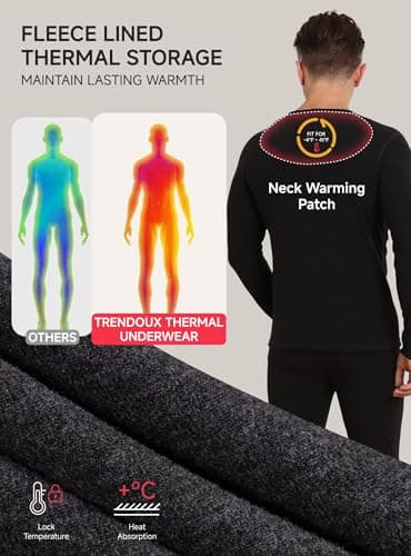 TRENDOUX Long Johns for Men Thermal Underwear Set with Fleece Lined, Mens Thermals Top and Bottom Set, Moisture Wicking Warm Underwear Pajamas for Home Base Layer for Cold Weather - Black XL - Thumbnail 2