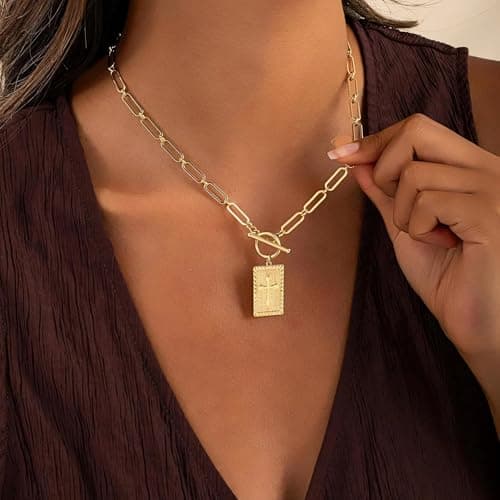 Eaciy Cross Necklace for Women Trendy, 18K Gold Plated Cross Pendant Charm Necklace Dainty Paperclip Chain Religious Jewelry Gifts for Christian Faith, Baptism, First Communion Style3 - Thumbnail 3