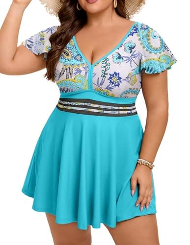 Arolina Women Plus Size Bathing Suit Curvy Swimsuits Swim Dress Tummy Control Big Busted with Boyshorts Blue Paisley - Image 1