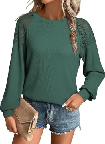 EVALESS Womens Waffle Knit Tops Dressy Business Casual Work Lace Patchwork Spring Fall Tops for Women 2025 Trendy Crewneck Long Sleeve Basic T Shirts Loose Fit Clothes Outfits Green Small - Image 1