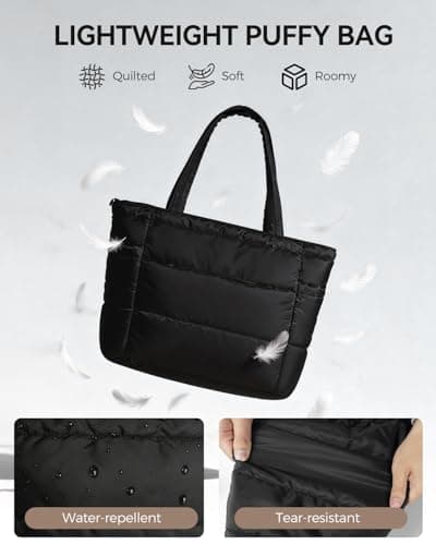 Moyad Puffy Tote Bag for Women with Zipper, Lightweight Quilted Bag Shoulder Handbag for Work, Travel, Gym, Nurse, Teacher - Black - Thumbnail 4