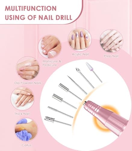 Portable Electric Nail Drill File: 40000RPM Professional Rechargeable Nail E-File Machine, Cordless Nail Drill with Bits & Base for Acrylic Nails Remove Nail Gel Polish Manicure for Salon Home - Thumbnail 6