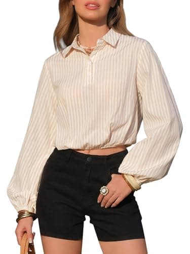 EXLURA Women's 100% Cotton Long Sleeve Crop Tops Summer Striped Collared Button V Neck Pullover Shirt Elastic Hem Y2K Blouse Apricot - Image 1