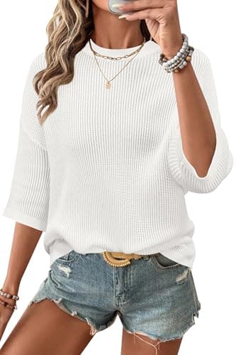 Arach&Cloz 2026 Women's Cotton Spring Summer Crochet Tops Crew Neck 3/4 Half Drop Short Sleeve Hollow Out Oversized Resort Wear Sweater Casual Vacation Outfits Fashion Trendy Shirts Beige XXL - Image 1
