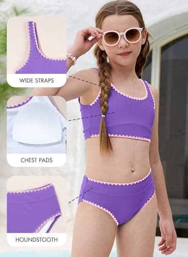 DOKOTOO KIDS Girls Swimsuit Tween Girl Bikini Set Kid 2 Piece High Waist Bathing Suit Junior Padded Swimming Summer Beach Holiday Padding Beach Swim Tops Bottoms Deep Purple Size 10 11 Years Old - Thumbnail 5