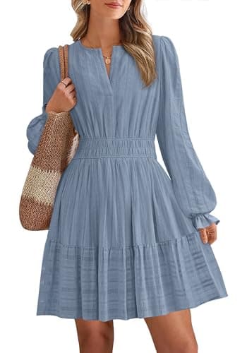BTFBM Mini Dresses for Women 2026 Casual Lightweight Long Sleeve V Neck A Line Elastic Waist Party Holiday Dress(Dusty Blue, XX-Large)