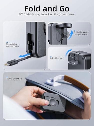 AFLYDOG for Apple Watch Charger Block, 2 in 1 Wall Charger with Built-in Retractable Charging Cable, Travel Foldable Plug Power Adapter Compatible with iPhone iWatch (Black) - Thumbnail 2