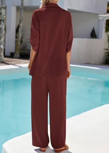KIRUNDO Two Piece Sets for Women Spring Outfits 2026 Summer Dressy Casual Button Down Shirt Wide Leg Pants Lounge Set(Brown, Small) - Thumbnail 2
