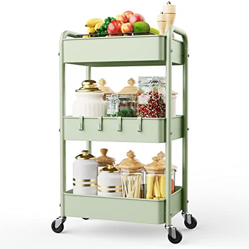 LEHOM 3 Tier Rolling Storage Cart, Metal Trolley Utility Cart with Wheels & Hooks, Easy Assembly Organizer Storage Cart for Bathroom Kitchen Office Bedroom - Image 1