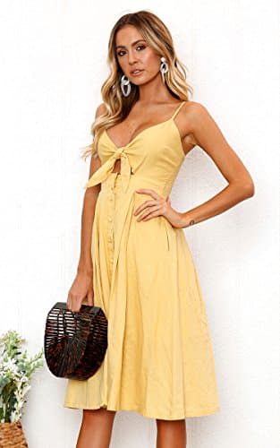ECOWISH Women 2024 Summer Dresses Tie Front V-Neck Spaghetti Strap Button Down A-Line Backless Swing Midi Dress 572 Yellow M - Thumbnail 5