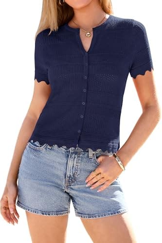 dowerme Women Summer Cardigan Sweaters 2026 Fashion Short Sleeve V Neck Crochet Crop Tops Spring Beach Vacation Clothes(Navy Blue,Small) - Image 1