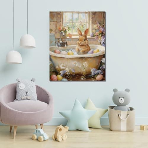 WayToLight Easter Bunny & Floral Canvas Wall Art,Cute Rabbit and Easter Eggs Painting Prints,Vintage Farmhouse Spring Animal Picture,Modern Framed Easter Wall Decor for Bedroom,Living Room, Bathroom,Office (Style 4, 8" x 10") - Thumbnail 2