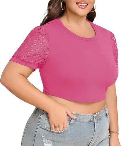 Lastshe Women Plus Size Workout Tops Activewear Crop Tshirts Lace Short Sleeve Exercise Tees,Hot Pink,4X - Thumbnail 4