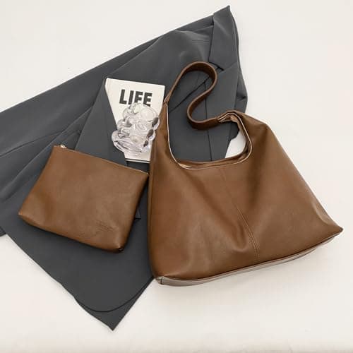 JueiXeoy Slouchy Tote Bag for Women Hobo Bags Soft Vegan Leather Hobo Purse Shoulder Bag Retro Travel College Work Tote Handbags 2pcs Brown - Thumbnail 3