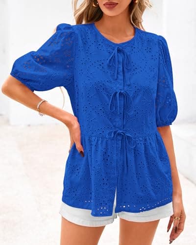 KIRUNDO Peplum Tops for Women 2026 Summer Eyelet Tie Front Blouses Casual Short Lantern Sleeve Cute Y2K Lace Babydoll Shirts(Blue, Medium) - Thumbnail 6