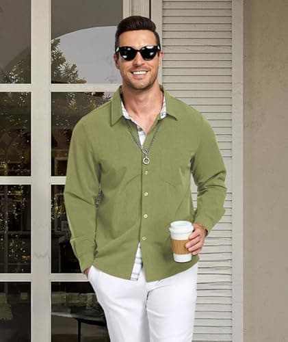 YTD Long Sleeve Button Down Shirt for Men, Untucked Regular Fit Dress Shirt - Thumbnail 2