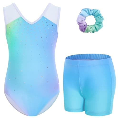 Gogokids Girls Gymnastics Leotard Set with Shorts, Sparkly Rhinestone Gradient Mesh Dance Outfit for Ballet Training, Gradient Pink, 9-10 Years - Image 1