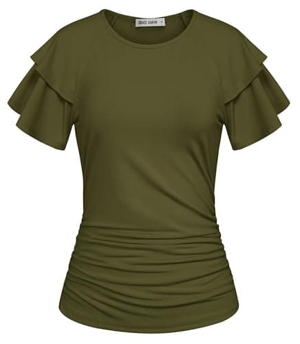 GRACE KARIN Summer Tops for Women Dressy Casual, Ruffle Short Sleeve Work Shirt, 2026 Spring Blouses Olive Green Medium - Image 1