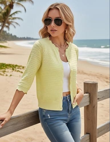GRACE KARIN Womens Short Sleeve Cardigan Sweater Lightweight Cropped Cardigan Trendy Dressy Casual Crochet Bolero Shrugs Yellow - Thumbnail 4