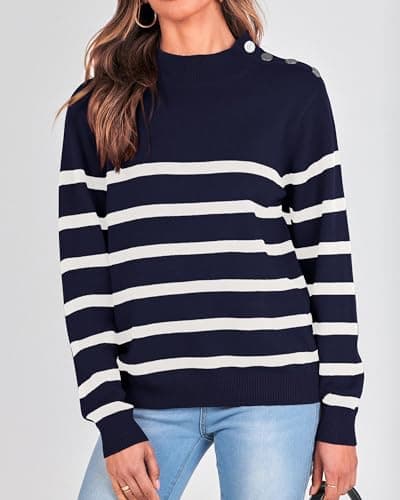 KIRUNDO Fall Sweaters for Women 2026 Striped Turtleneck Ribbed Knit Sweater Trendy Pullover Jumper Winter Fashion Clothing(Small, Navy) - Thumbnail 4