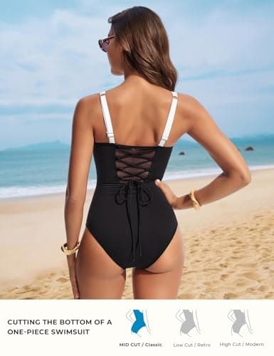 Hanna Nikole V Neck Shapewear Bathing Suit for Women Modest Lace Up Swimsuits for Woman 2026 Black White XX-Large - Thumbnail 4