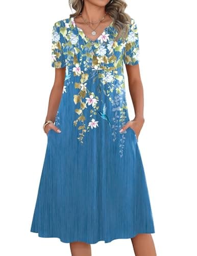 Zeagoo Women Midi Dresses for Summer 2026 Casual Loose Short Sleeve A Line Flowy Dress V Neck Beach Sundress with Pockets - Image 1