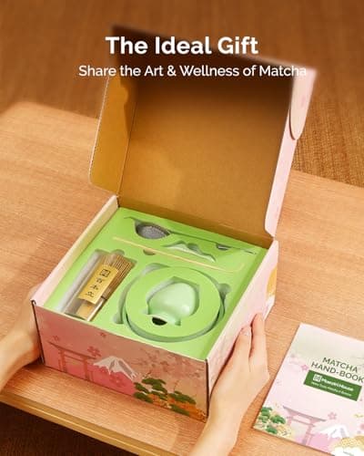 Maestri House Matcha Whisk Set, 7-Pc Complete Matcha Kit with Spouted Ceramic Bowl, Bamboo Whisk and Holder, Scoop, Spoon Rest & Sifter, Tea Cloth – Ideal Gift for Matcha Lovers (Green) - Thumbnail 3