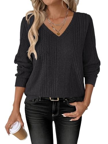 ANRABESS Womens V Neck Sweaters 2025 Fall Long Sleeve Shirts Lightweight Ribbed Knit Basic Casual Office Work Tunic Tops Black Medium - Image 1