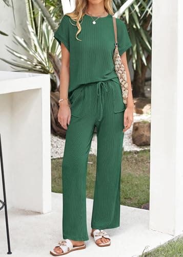 KIRUNDO 2 Piece Sets for Women Dressy Casual Ribbed Knit Short Sleeve Tops Wide Leg Pants Lounge Set Travel Airport Outfits(Dark Green, X-Large) - Thumbnail 3
