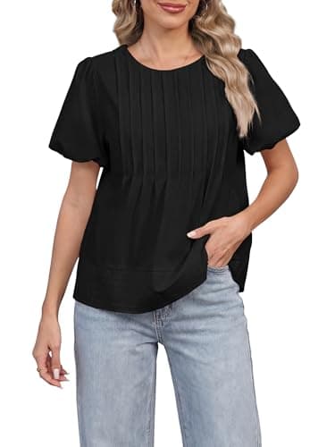 Funlingo Womens Blouses Summer Short Puff Sleeve Babydoll Tops for Women Casual Crew Neck Flowy Pleated Shirts Cute Clothes Black XL - Image 1