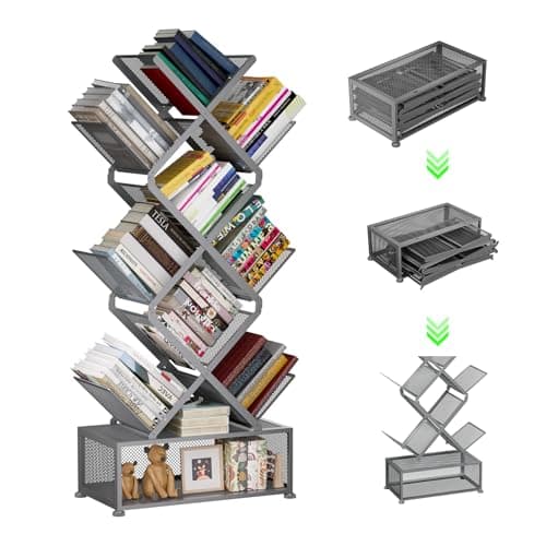 Gintan 9-Tier Modern Book Shelves with Storage, Bedroom Shelves Folding Bookshelves, No Installation Required Shelf Tree Bookcase for Living Room, Study, Home Office, Bed Room (Grey) - Image 1