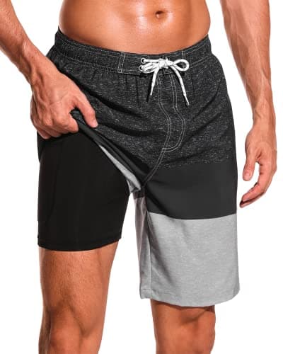 SILKWORLD Mens Swim Suit Striped Shorts Summer Swimming Trunks Beach Board Shorts 9" Inseam with Zipper Pockets, Black+Grey, XX-Large - Image 1