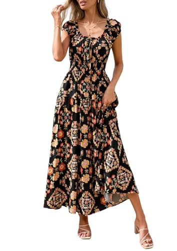 PRETTYGARDEN Boho Maxi Dresses for Women 2026 Summer Floral Wedding Guest Dress Resort Wear Spring Long Flowy Beach Sundress (Black Multicolored Floral,Large) - Image 1