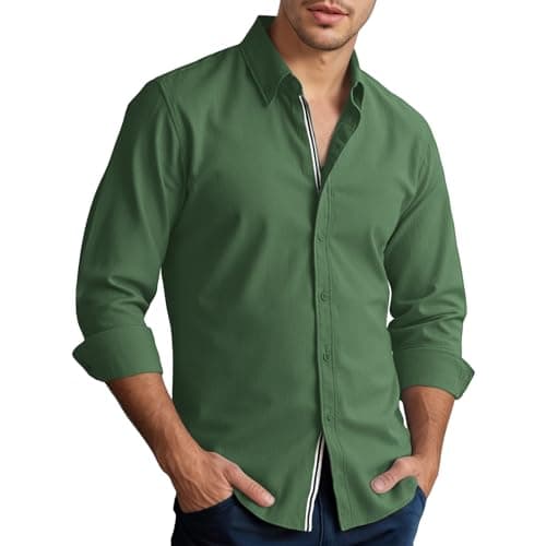 Men’s Casual Untucked Button Down Shirt Long Sleeve Stylish Business Casual Dress Shirts Green