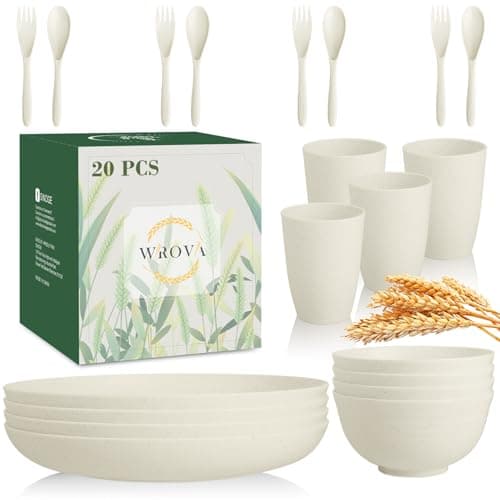 Wrova Wheat Straw Dinnerware Sets of 20,Dishwasher Safe Kitchen Plates and Bowls Sets,Camping Dishes Sets Contains Dinner Plates,Cereal Bowls,Drinking Cups and Flatware.(Beige) - Image 1