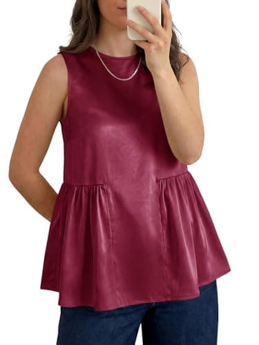 Tankaneo Womens Silk Satin Tank Tops Summer Dressy Casual Babydoll Sleeveless Shirts Peplum Pleated Loose Fit Blouses Wine Red - Image 1