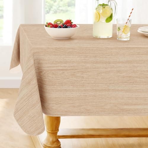 Smiry Rectangle Table Cloth, Waterproof Vinyl Tablecloths with Flannel Backing, Wipeable Spillproof Plastic Wood Grain Table Cover for Dining, Indoor and Outdoor (Beige, 60 "x 84") - Image 1