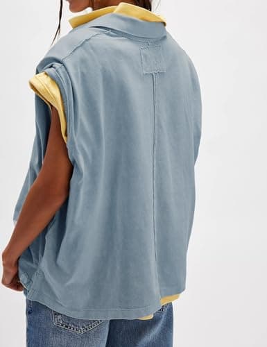 Haellun Oversized Polo Shirt for Women Casual Summer Tee Tops Cap Sleeve Collared Cotton Shirts(Light Blue,M) - Thumbnail 5