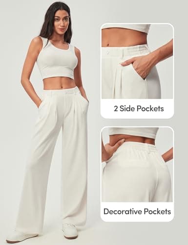 IUGA Wide Leg Pants Woman Pull on Stretchy Work Dress Pants High Waisted Business Casual Trousers Slacks Standard, Meduim, Off-White - Thumbnail 5