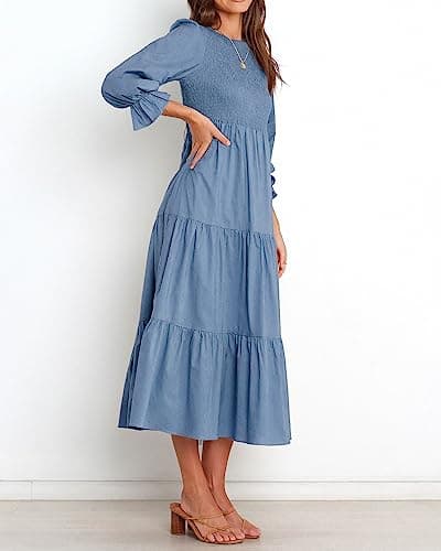 BTFBM Women Casual Long Sleeve Dress Fall Dresses 2025 Solid Color Relaxed Fit Smocked Tiered Flowy Boho Long Dresses(Solid Grey Blue,XX-Large) - Thumbnail 5