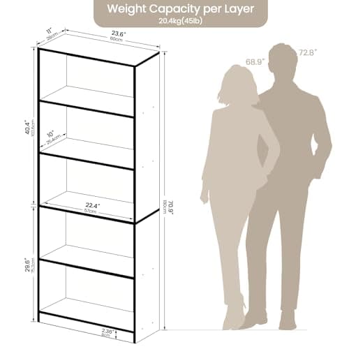 VAFHYLLIS Bookshelf, 5 Cube Storage Organizer Bookshelves Bookcases, Floor Freestanding 5 Tiers Open Storage Shelves 71 Inches Tall Bookcase Furniture for Home Office, Living Room, Walnut Color - Thumbnail 3