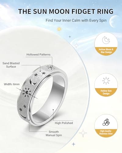 Fidget Toys Adults Anxiety Ring-Fidget Ring Women Men Stress Relief Spinner Fidget Toys Stainless Steel Band with Hollowed Sun Moon Star Sandblasted Surface 6mm Width,18K Gold/Silver Size 6-11 Unisex - Thumbnail 3