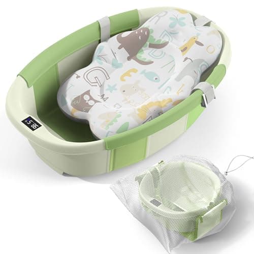 Collapsible Baby Bathtub - Large Baby Bath Tub with Thermometer & Cushion | Travel Portable Newborn Infant Bathtub | Foldable Toddler Bathtub for Baby 0 to 36 Months (Green)