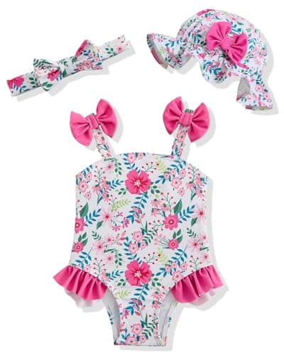 DivingBirds Baby Girl Swimsuit with Sun Hat & Headband Set, Infant One Piece Bathing Suit Newborn Summer Beach Gift,Pink Flower,3-6 Months - Image 1