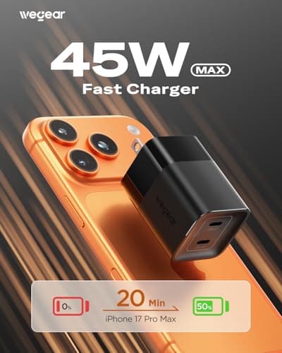 wegear 45W USB C Charger, 2 Port GaN Fast Charging with PPS, Foldable Wall Charger Block for iPhone 17/16/15, iPad, Galaxy S25/S24, Pixel 10/9 (Black) - Thumbnail 2