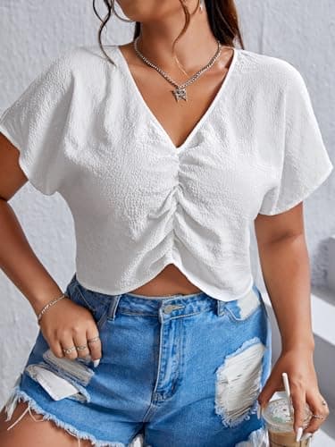 MakeMeChic Women's Plus Size Ruched Front Short Sleeve Shirts Casual V Neck Crop Top Blouse White 3X-Large Plus - Thumbnail 3
