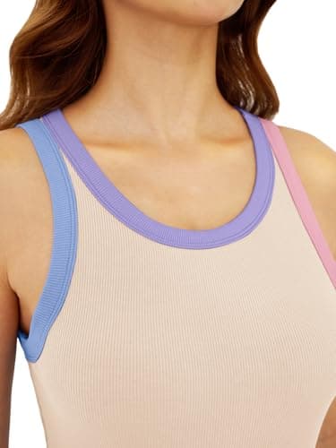 GKBK Womens Colorblock Ribbed Tank Tops Crewneck Fitted Cute Sleeveless Racerback Basic Casual Summer Cami Shirts Beige - Thumbnail 3