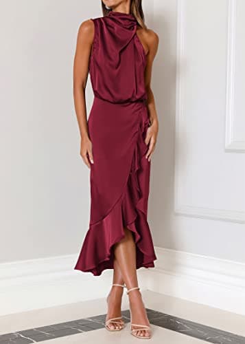 KIRUNDO Women 2026 Spring Summer Satin Mock Neck Wedding Guest Party Cocktail Midi Dress Sleeveless Wrap Ruffle Formal Dress(Wine Red, Small) - Thumbnail 4