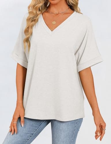 GKBK Womens Oversized T Shirts V Neck Loose Fit Shirts Short Sleeve Summer Casual Tops 2025 Trendy Blouses Y2K Plain Tees White XL - Thumbnail 2